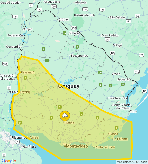 Advertencia meteorológica amarilla emitida por INUMET alerta tormentas fuertes en Uruguay