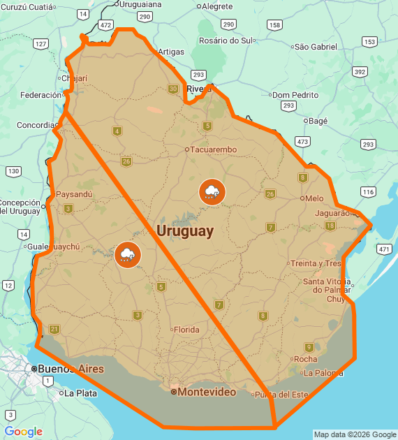 Advertencia naranja por tormentas muy fuertes y severas alcanza a Durazno y gran parte del país